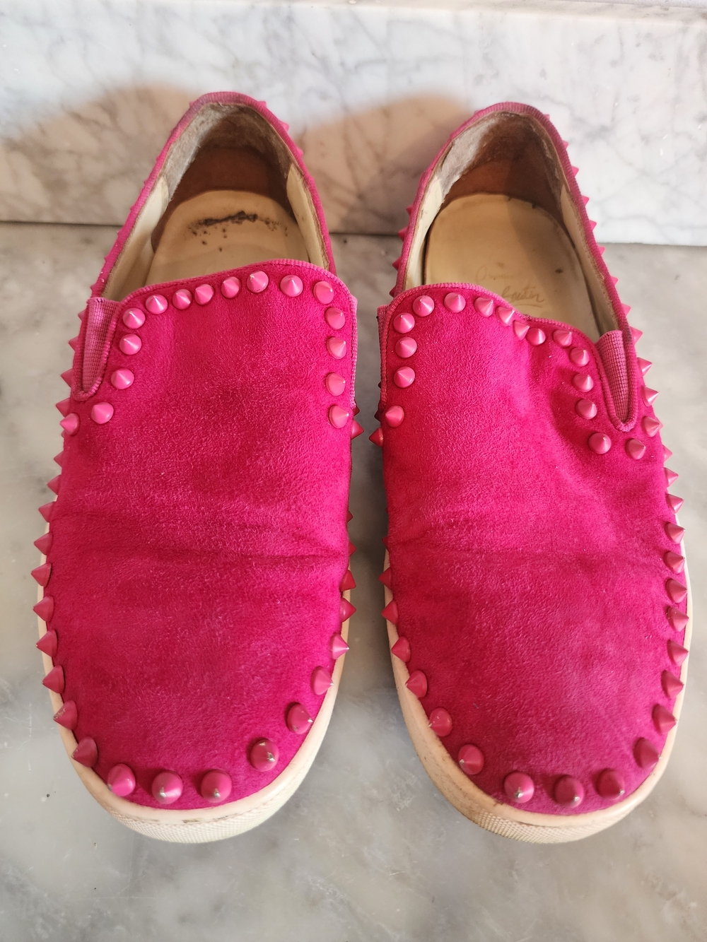 Authentic Christian Louboutin Hot Pink Studded Suede Slip-On Sneakers